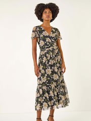 Roman Black Floral Print Mesh Maxi Dress - Image 1 of 5