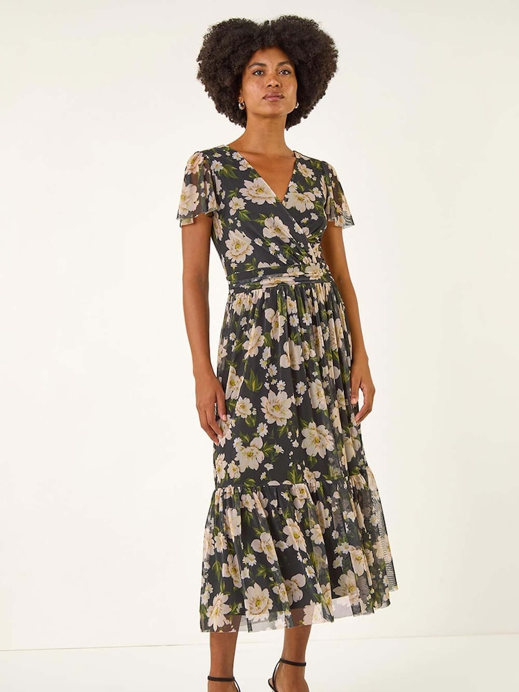 Roman Black Floral Print Mesh Maxi Dress - Image 1 of 5 Roman Black Floral Print Mesh Maxi Dress - Image 1 of 5