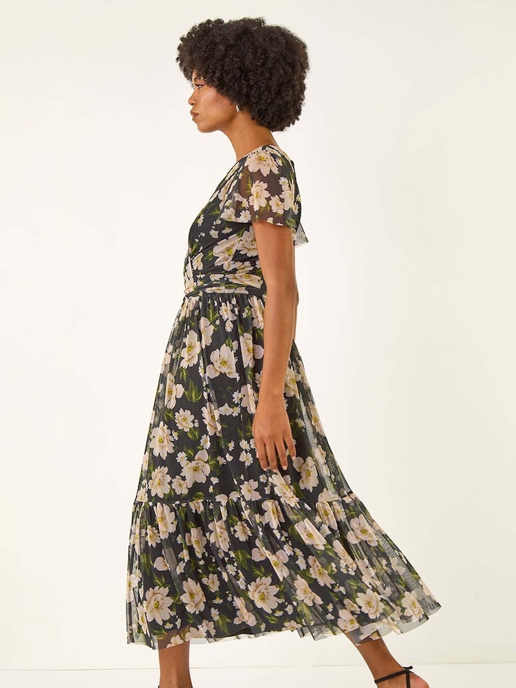 Roman Black Floral Print Mesh Maxi Dress - Image 2 of 5 Roman Black Floral Print Mesh Maxi Dress - Image 2 of 5