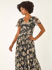 Roman Black Floral Print Mesh Maxi Dress - Image 3 of 5