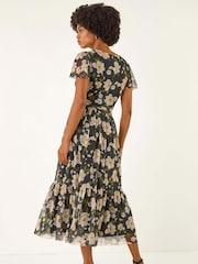 Roman Black Floral Print Mesh Maxi Dress - Image 4 of 5