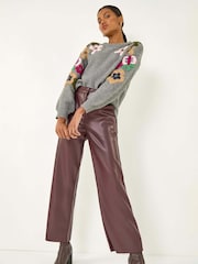Roman Red Faux Leather Wide Leg Crop Trousers - Image 1 of 5