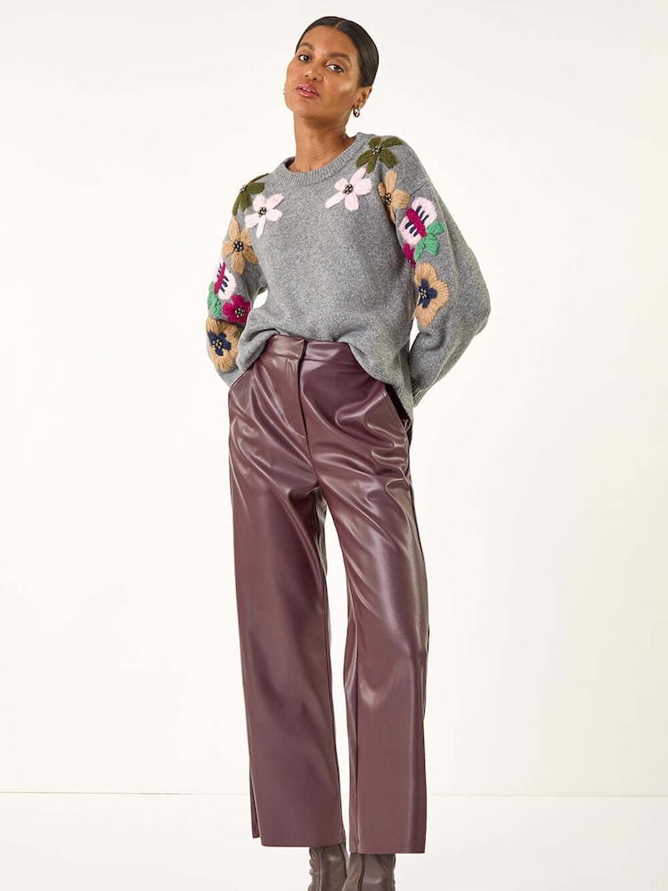 Roman Red Faux Leather Wide Leg Crop Trousers - Image 2 of 5