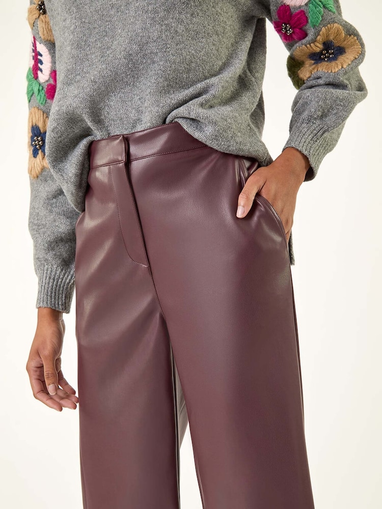Roman Red Faux Leather Wide Leg Crop Trousers - Image 5 of 5