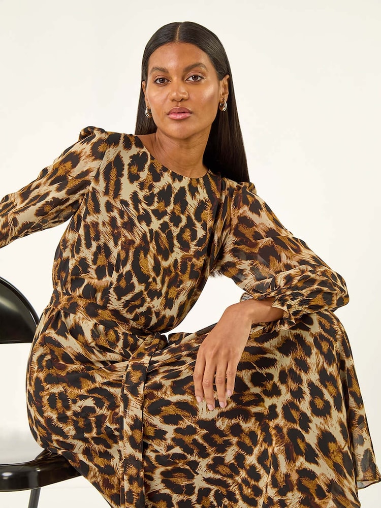 Roman Brown Animal Print Shirred Midi Dress - Image 1 of 5 Roman Brown Animal Print Shirred Midi Dress - Image 1 of 5