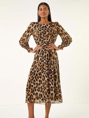 Roman Brown Animal Print Shirred Midi Dress - Image 2 of 5