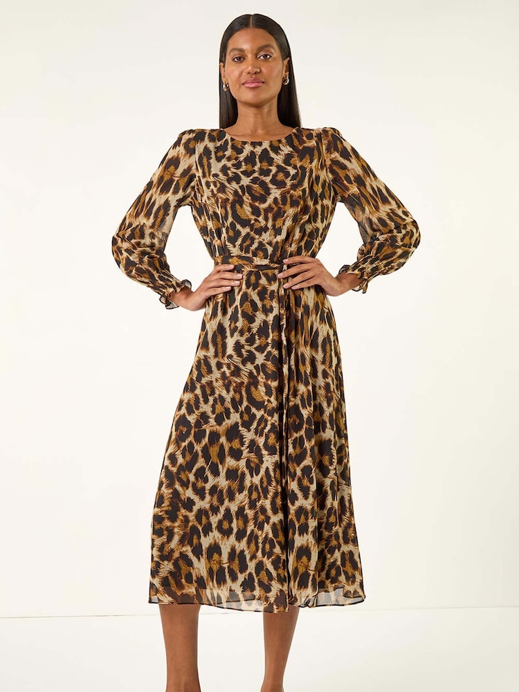 Roman Brown Animal Print Shirred Midi Dress - Image 2 of 5 Roman Brown Animal Print Shirred Midi Dress - Image 2 of 5