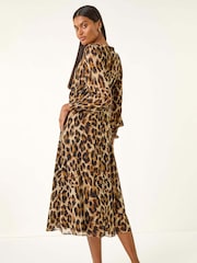 Roman Brown Animal Print Shirred Midi Dress - Image 3 of 5