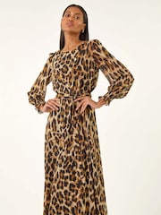Roman Brown Animal Print Shirred Midi Dress - Image 4 of 5