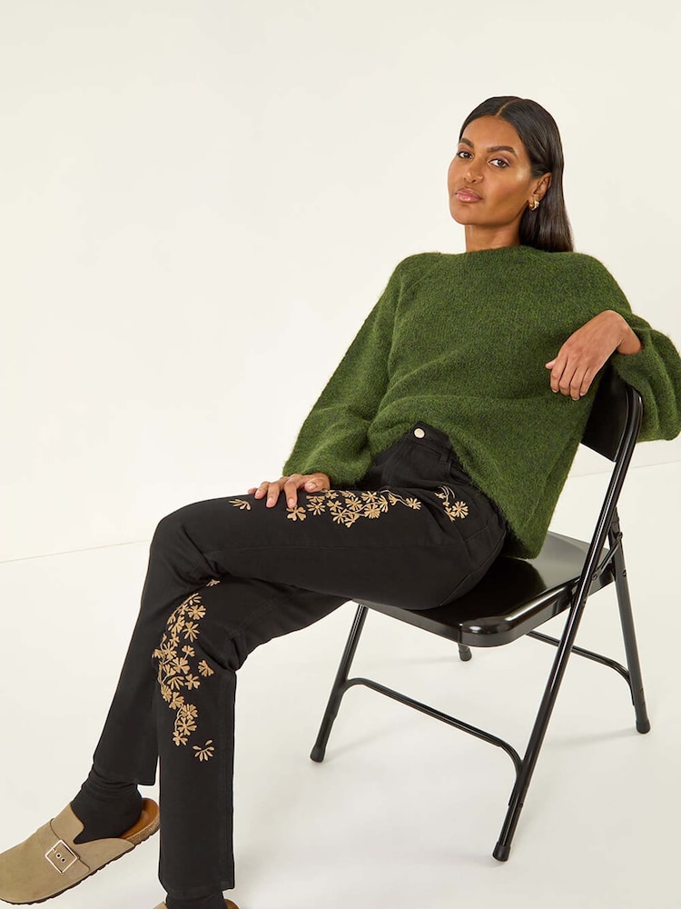 Roman Black Floral Embroidered Stretch Denim Trousers - Image 1 of 5 Roman Black Floral Embroidered Stretch Denim Trousers - Image 1 of 5