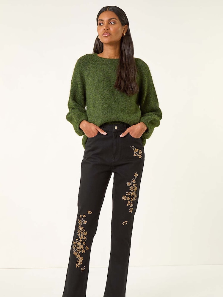 Roman Black Floral Embroidered Stretch Denim Trousers - Image 2 of 5 Roman Black Floral Embroidered Stretch Denim Trousers - Image 2 of 5