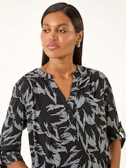 Roman Grey Leaf Print V-Neck Stretch Shirt - Image 2 of 5