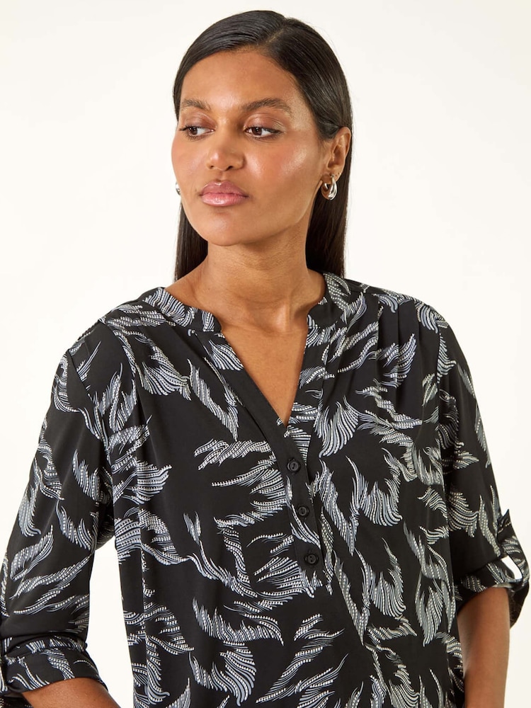 Roman Grey Leaf Print V-Neck Stretch Shirt - Image 2 of 5 Roman Grey Leaf Print V-Neck Stretch Shirt - Image 2 of 5