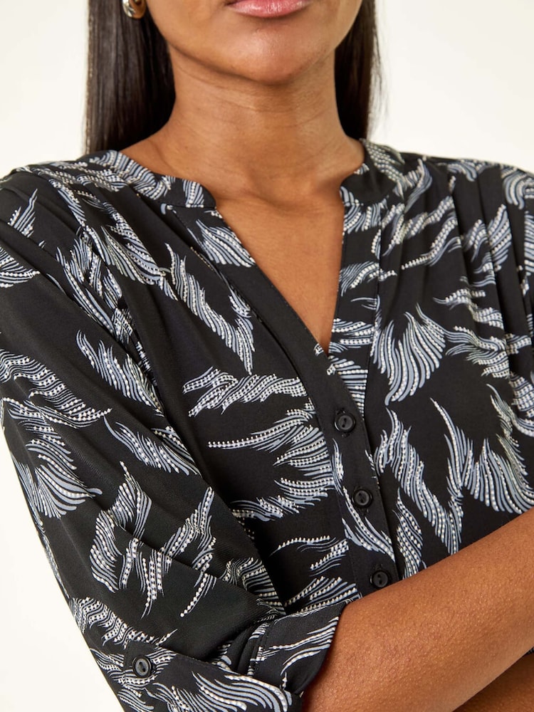 Roman Grey Leaf Print V-Neck Stretch Shirt - Image 5 of 5 Roman Grey Leaf Print V-Neck Stretch Shirt - Image 5 of 5