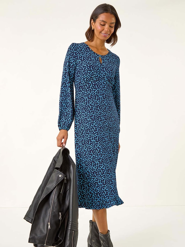 Roman Blue Spot Print Keyhole Midi Dress - Image 2 of 5 Roman Blue Spot Print Keyhole Midi Dress - Image 2 of 5