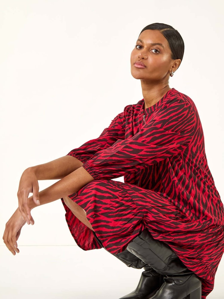 Roman Red Animal Print Zip Front Dress - Image 1 of 5 Roman Red Animal Print Zip Front Dress - Image 1 of 5