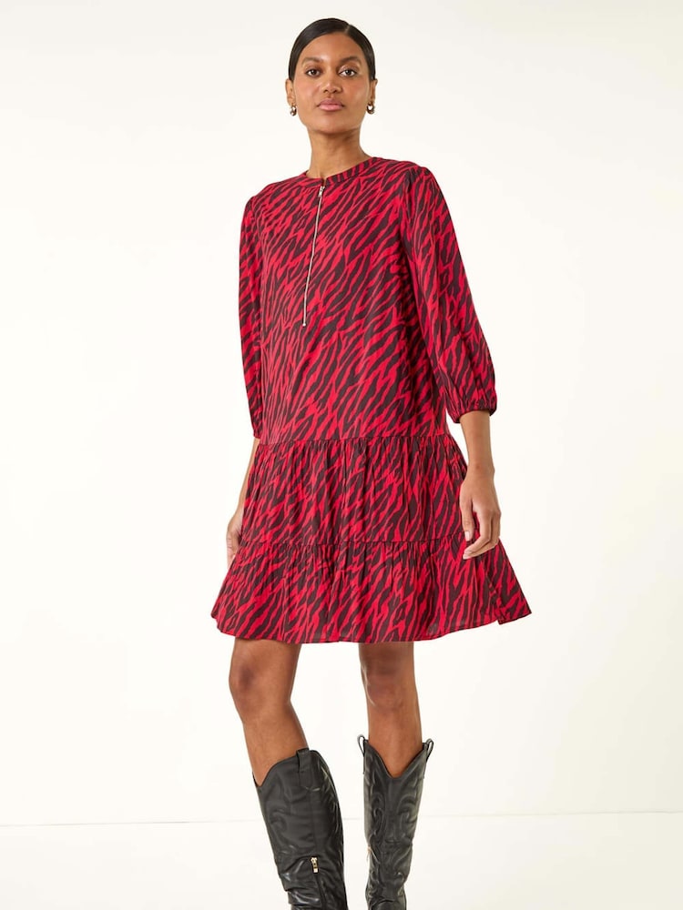 Roman Red Animal Print Zip Front Dress - Image 2 of 5 Roman Red Animal Print Zip Front Dress - Image 2 of 5