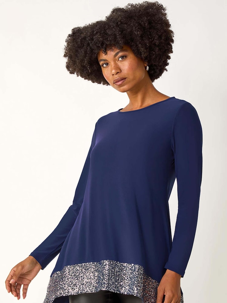 Roman Blue Sequin Hem Tunic Stretch Top - Image 1 of 5