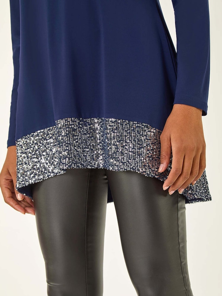 Roman Blue Sequin Hem Tunic Stretch Top - Image 5 of 5