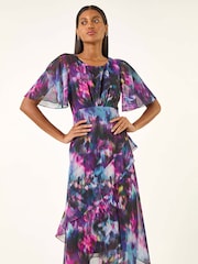 Roman Black Blurred Floral Frill Midi Dress - Image 1 of 5
