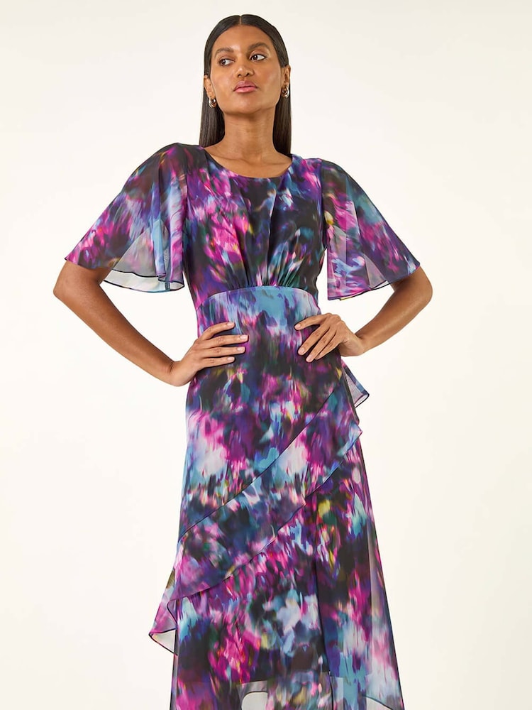 Roman Black Blurred Floral Frill Midi Dress - Image 1 of 5
