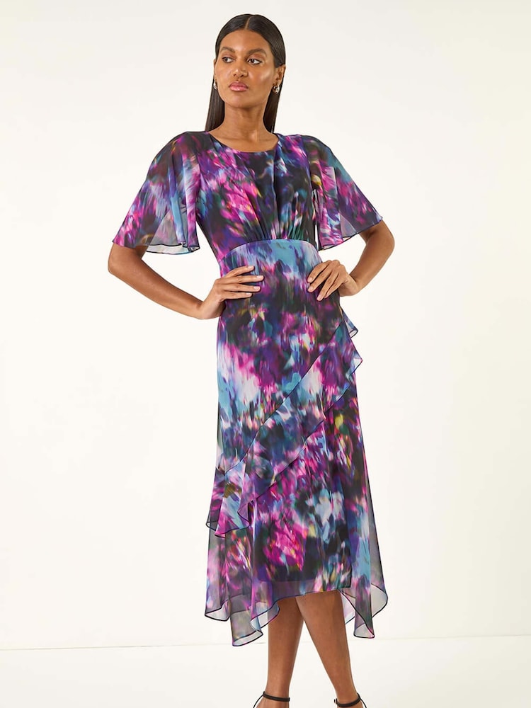 Roman Black Blurred Floral Frill Midi Dress - Image 2 of 5