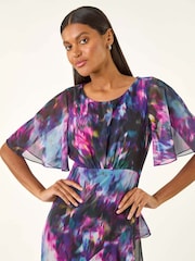 Roman Black Blurred Floral Frill Midi Dress - Image 4 of 5