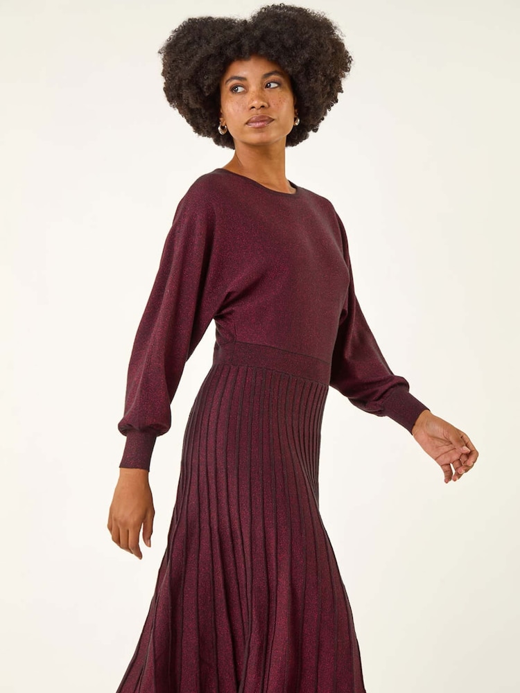 Roman Red Shimmer Pleated Knit Midi Dress - Image 1 of 5 Roman Red Shimmer Pleated Knit Midi Dress - Image 1 of 5