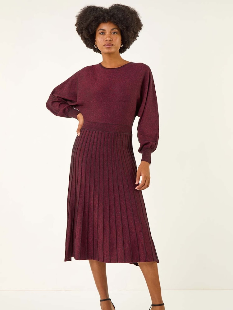 Roman Red Shimmer Pleated Knit Midi Dress - Image 2 of 5 Roman Red Shimmer Pleated Knit Midi Dress - Image 2 of 5