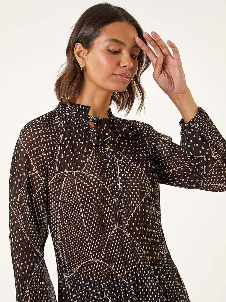 Roman Black Spot Print Tie Neck Pleated T-Shirt - Image 1 of 5