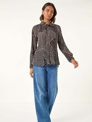 Roman Black Spot Print Tie Neck Pleated T-Shirt - Image 2 of 5