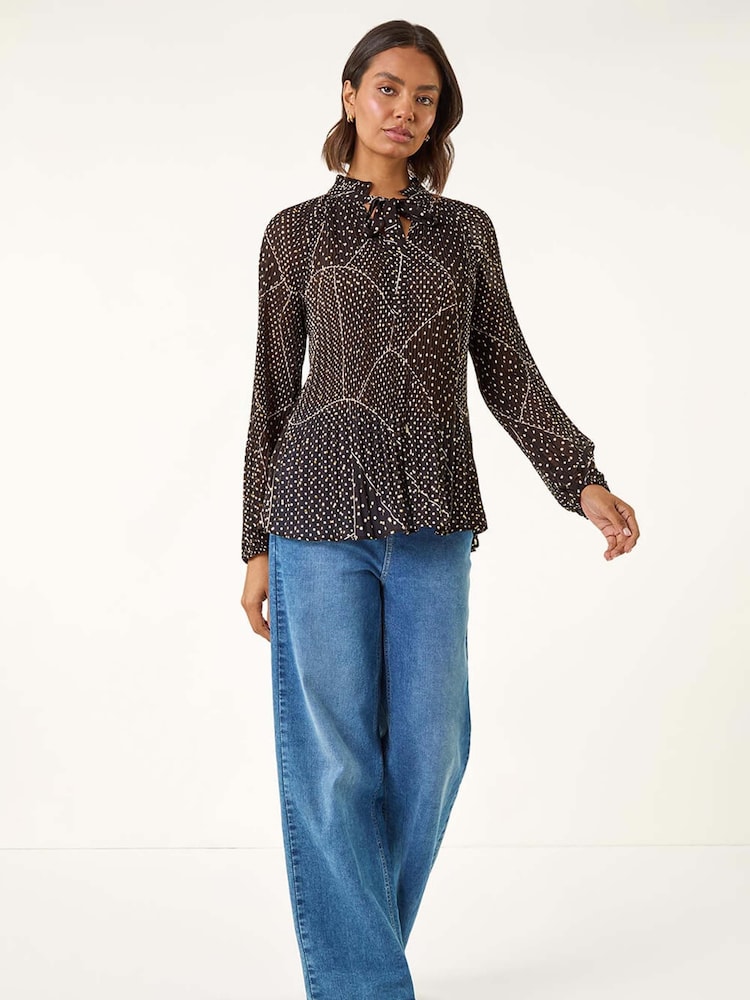 Roman Black Spot Print Tie Neck Pleated T-Shirt - Image 2 of 5