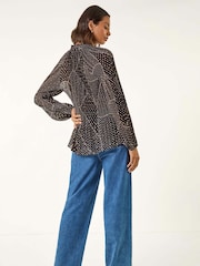 Roman Black Spot Print Tie Neck Pleated T-Shirt - Image 3 of 5