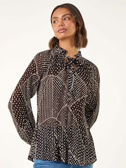 Roman Black Spot Print Tie Neck Pleated T-Shirt - Image 4 of 5