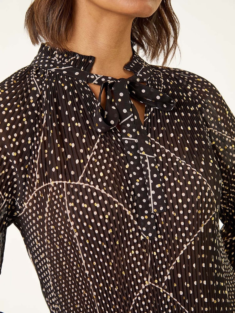 Roman Black Spot Print Tie Neck Pleated T-Shirt - Image 5 of 5