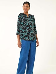 Roman Blue Leaf Puff Print Stretch Top - Image 1 of 5
