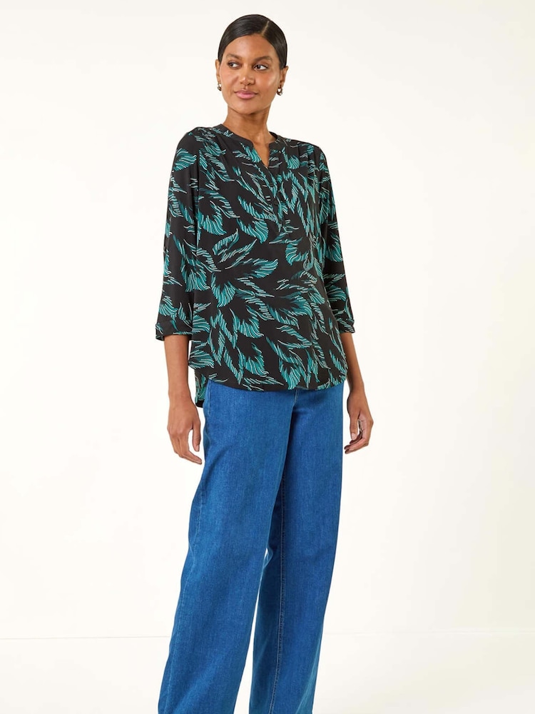 Roman Blue Leaf Puff Print Stretch Top - Image 1 of 5 Roman Blue Leaf Puff Print Stretch Top - Image 1 of 5