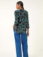 Roman Blue Leaf Puff Print Stretch Top - Image 2 of 5