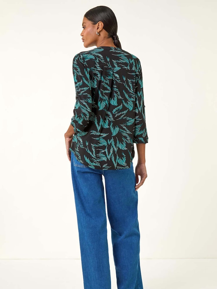 Roman Blue Leaf Puff Print Stretch Top - Image 2 of 5