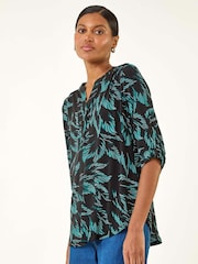 Roman Blue Leaf Puff Print Stretch Top - Image 3 of 5