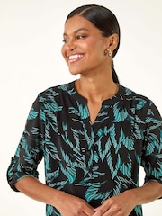 Roman Blue Leaf Puff Print Stretch Top - Image 4 of 5