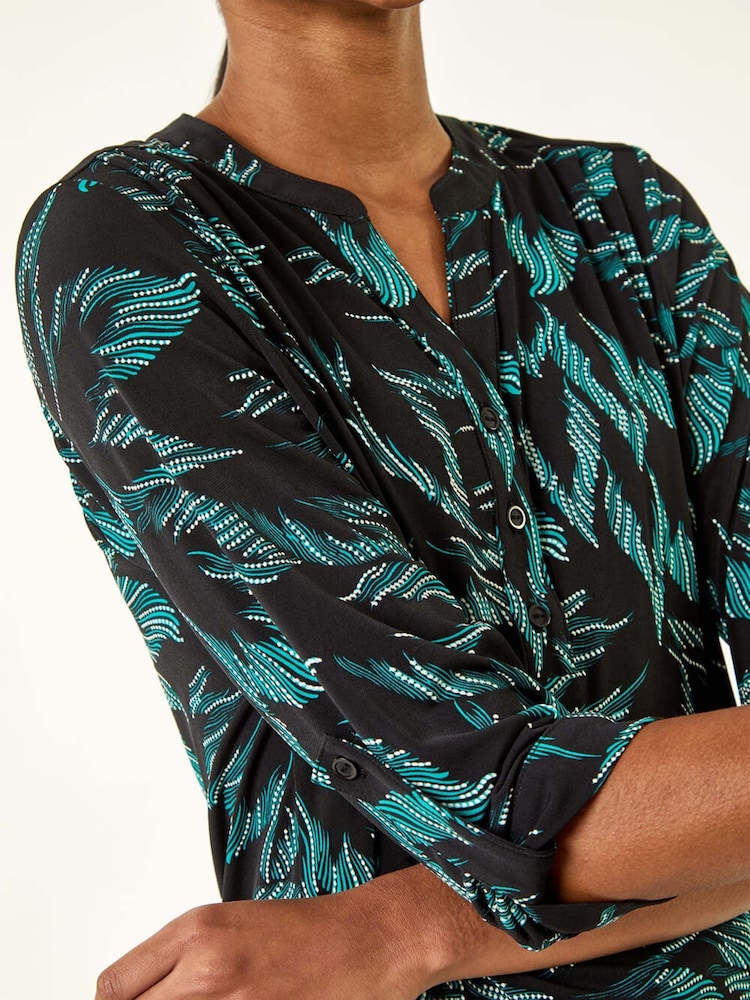 Roman Blue Leaf Puff Print Stretch Top - Image 5 of 5 Roman Blue Leaf Puff Print Stretch Top - Image 5 of 5