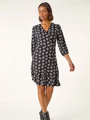 Roman Black Leaf Print Wrap Stretch Dress - Image 1 of 5