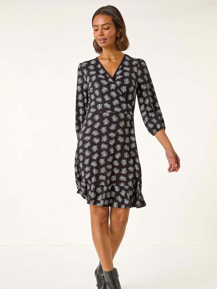 Roman Black Leaf Print Wrap Stretch Dress - Image 1 of 5
