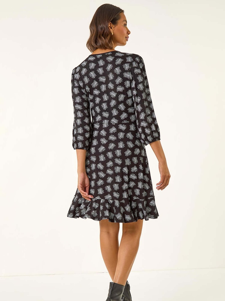 Roman Black Leaf Print Wrap Stretch Dress - Image 2 of 5