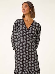 Roman Black Leaf Print Wrap Stretch Dress - Image 3 of 5