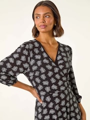 Roman Black Leaf Print Wrap Stretch Dress - Image 4 of 5