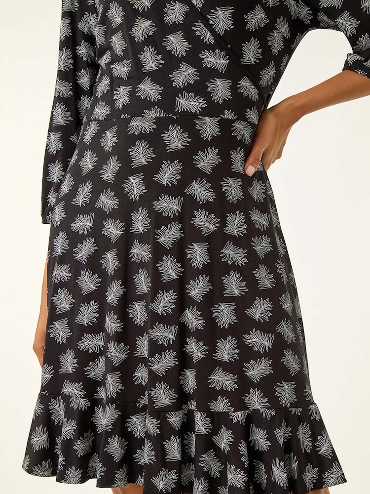 Roman Black Leaf Print Wrap Stretch Dress - Image 5 of 5