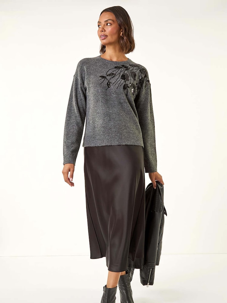 Roman Grey Floral Sequin Knit Jumper - Image 2 of 5 Roman Grey Floral Sequin Knit Jumper - Image 2 of 5