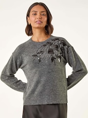 Roman Grey Floral Sequin Knit Jumper - Image 4 of 5